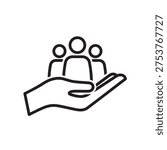 Open hand protecting human figures icon. Linear vector for insurance, social support, safety and workforce welfare.