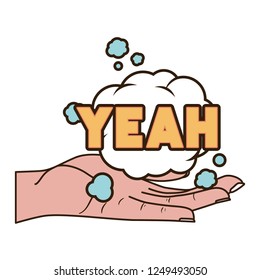 open hand receiving comic words in speech bubble
