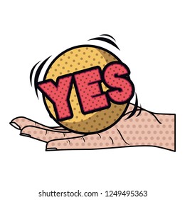 open hand receiving comic words in speech bubble