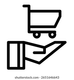 mão aberta com ícone de carrinho de compras representando comércio eletrônico e compra on-line
