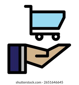 mão aberta com ícone de carrinho de compras representando comércio eletrônico e compra on-line
