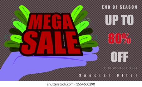 open the hand for show mega sale and leaf. up to 80% end of year special offer word character. vector illustration eps10