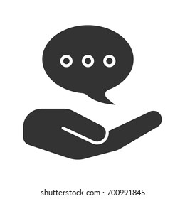 Open hand with speech bubble glyph icon. Silhouette symbol. Free chatting. Negative space. Vector isolated illustration