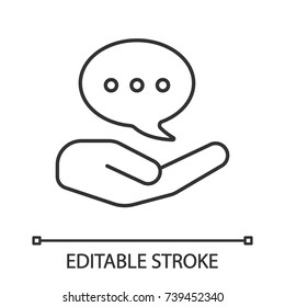 Open hand with speech bubble linear icon. Free chatting. Thin line illustration. Communication. Contour symbol. Vector isolated outline drawing. Editable stroke