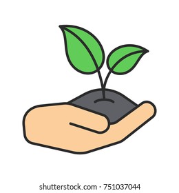Open hand with sprout color icon. Environment protection. Agriculture. Isolated vector illustration