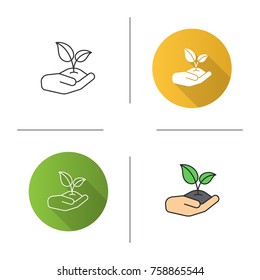 Open hand with sprout icon. Flat design, linear and color styles. Environment protection. Agriculture. Isolated vector illustrations