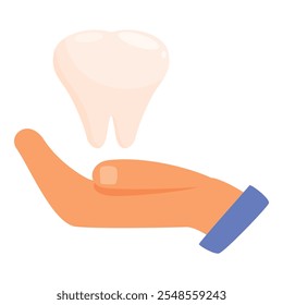 Open hand supporting healthy white tooth, symbolizing dental care and hygiene