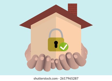 Open Hand Supporting House with Padlock and Check Symbol, Home Insurance Illustration