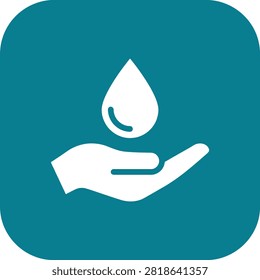 Open hand supporting water drop. Symbolizes hydration, resource conservation, life, purity, clean, water supply, environment.