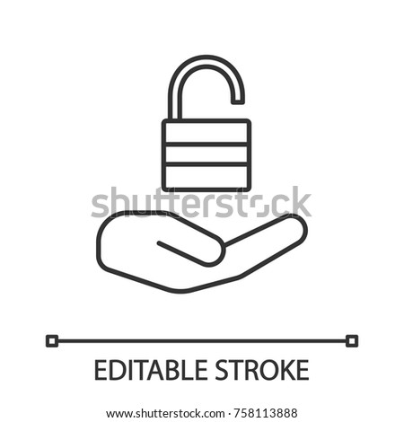 Open hand with unlocked padlock linear icon. Open access. Thin line illustration. Providing protection. Contour symbol. Vector isolated outline drawing. Editable stroke