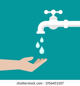 Open hand and water tap with classic old valve and water drops. Flat icon isolated on blue. Turn on and turn off faucet. Saving, drinking water. Wash hands sign. Vecrot illustration. 