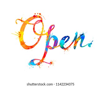 Open. Hand written vector word of rainbow splash paint