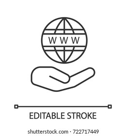 Open hand with www symbol linear icon. Worldwide web. Thin line illustration. Free internet access. Contour symbol. Vector isolated outline drawing. Editable stroke