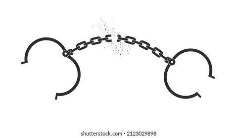 Open handcuffs with broken chain. Liberation, freedom, justification. Flat vector illustration isolated on white background.