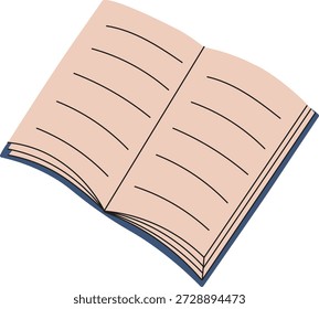Um livro aberto desenhado à mão. Linhas de texto nas páginas de um diário. Livro didático, ficção. Ilustração vetorial isolada em um fundo transparente.
