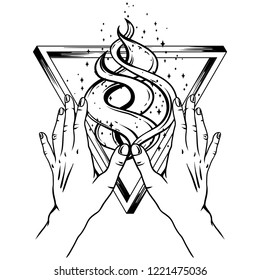 Open hands with all seeing eye and triangle. Spirituality, astrology and esoteric concept. Black and white hand drawn illustration.