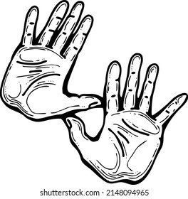 Open hands to care about important things. Background to show, offer and hold product. Magic palmistry prediction by two palms. Hand drawn retro vintage vector illustration. Old style line drawing.