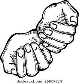 Open hands to care about important things. Background to show, offer and hold product. Magic palmistry prediction by two palms. Hand drawn retro vintage vector illustration. Old style line drawing.