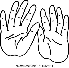 Open hands care about important things. Background to show, offer and hold product. Magic palmistry prediction by two palms. Say no, stop, against. Hand drawn vector illustration. Simple line drawing.