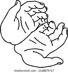Open hands to care about important things. Background to show, offer and hold product. Magic palmistry prediction by two palms. Hand drawn retro vintage vector illustration. Old style line drawing.