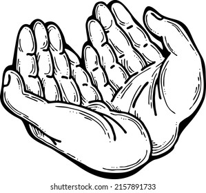 Open hands to care about important things. Background to show, offer and hold product. Magic palmistry prediction by two palms. Hand drawn retro vintage vector illustration. Old style line drawing.
