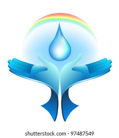 Open hands catching a drop of water, environmental badge