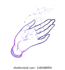 Open hands with constellation. Hand drawn illustration. Occult design vector illustration.Tattoo flash design. Vector isolated on white. Astrology, astronomy, stars. Sacred Spirit.