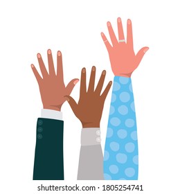 open hands up of different types of skins design, diversity people multiethnic race and community theme Vector illustration