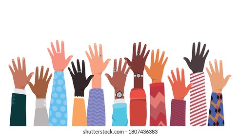 open hands up of different types of skins design, diversity people multiethnic race and community theme Vector illustration