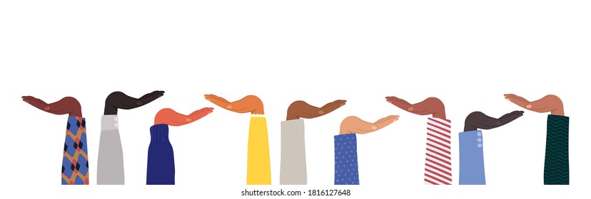 open hands of different types of skins design, diversity people multiethnic race and community theme Vector illustration