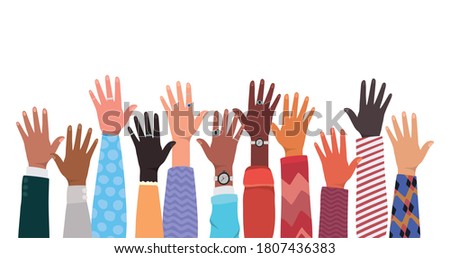 open hands up of different types of skins design, diversity people multiethnic race and community theme Vector illustration
