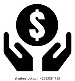 Open hands, dollar sign, minimalist design, black and white illustration, financial concept, vector style, symbolic art, money icon, business theme. Hands and money icon design vector.
