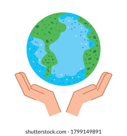 manos abiertas con la caricatura de donación del planeta Tierra. ilustración vectorial