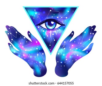 Open hands with galaxy inside open around masonic symbol. New World Order. Hand-drawn alchemy, religion, spirituality, occultism. Vector isolated on white. Astrology, Sacred Spirit.