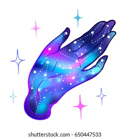 Open hands with galaxy inside.  Hand drawn illustration. Occult design vector illustration.Tattoo flash design. Vector isolated on white. Astrology, astronomy, stars. Sacred Spirit.
