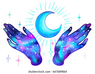 Open hands with galaxy inside showing crescent moon.  Hand drawn illustration. Occult design vector illustration.   ink tattoo flash design. Vector isolated on white. Astrology, Sacred Spirit. 