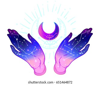 Open hands with galaxy inside showing crescent moon.  Hand drawn illustration. Occult design vector illustration. ink tattoo flash design. Vector isolated on white. Astrology, Sacred Spirit. 