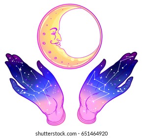 Open hands with galaxy inside showing crescent moon.  Hand drawn illustration. Occult design vector illustration.   ink tattoo flash design. Vector isolated on white. Astrology, Sacred Spirit. 