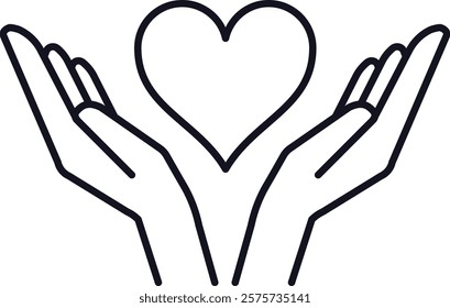 Open hands gently cradling a heart shape, representing love, compassion, and charity, while embodying themes of support, togetherness, and the spirit of giving