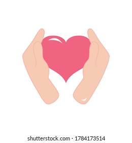 manos abiertas con icono cardíaco sobre fondo blanco, estilo plano, ilustración vectorial