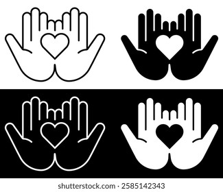 Open Hands with Heart Symbol. A Representation of Love, Care, and Generosity. Vector illustration isolated on black and white background.