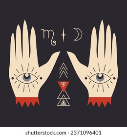 Open hands with the masonic all seeing eye on palm. Eye of Providence occult icon with witchcraft and magic sign depicting evil eyes esoteric design.