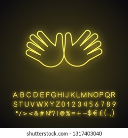 Open hands neon light icon. Jazz hands emoji. Hug gesture emoticon. Glowing sign with alphabet, numbers and symbols. Vector isolated illustration