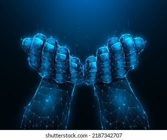 Open hands palms raised up, hand gesture polygonal vector illustration on a dark blue background. Hands holding or giving something. Pray or begging concept artwork.