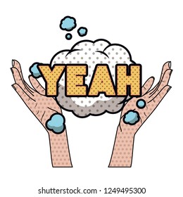open hands receiving comic words in speech bubble
