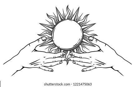 Open hands with vintage sun. Spirituality, astrology and esoteric concept. Black and white hand drawn illustration.