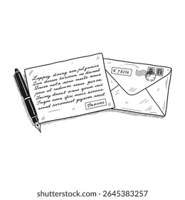 Open handwritten letter with envelope in vintage style – Vector Illustration