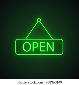 Open hanging door neon light icon. Glowing sign. Open shop signboard. Vector isolated illustration