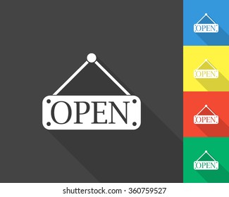 open hanging sign icon - gray and colored (blue, yellow, red, green) vector illustration with long shadow