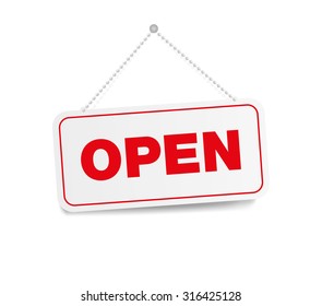 Open hanging sign isolated on white wall